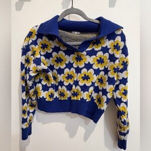 En Crème Floral Patterned Blue and Yellow Women's Cropped Sweater